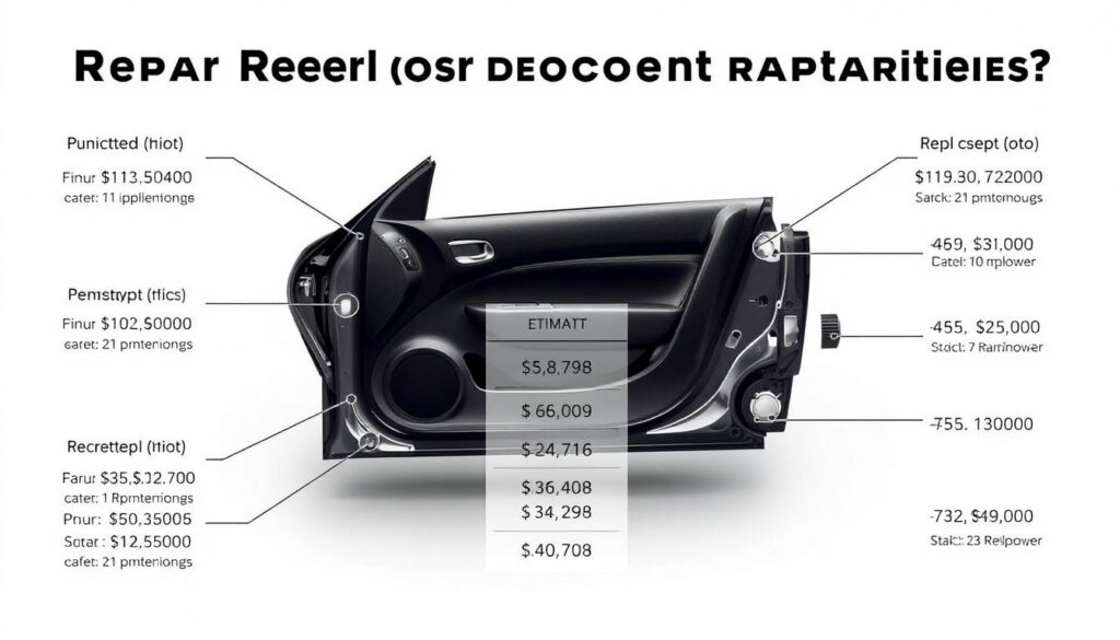 A detailed analysis of the costs involved in repairing a dented car door. The image shows an exploded view of the door's components, with estimated repair and replacement prices for each part. The lighting is soft and even, highlighting the technical details without distracting from the core information. The composition places the door analysis in the center, with a clean, minimalist background that allows the data to be the focal point. The overall mood is informative and data-driven, conveying the practical nature of the cost comparison between repair and replacement.