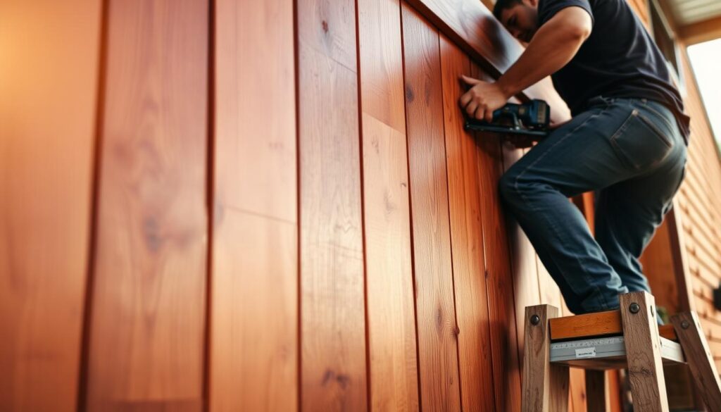 A detailed close-up view of a wooden barn door being installed, capturing the process of applying the door's outer cladding or sheathing. The scene features a carpenter carefully measuring and nailing down the wooden planks or panels, creating a visually appealing and weather-resistant surface. The lighting is natural, with warm, diffused sunlight illuminating the scene, casting soft shadows and highlighting the grain and texture of the wood. The composition emphasizes the skilled craftsmanship, the rugged materials, and the overall process of constructing a sturdy, functional barn door.