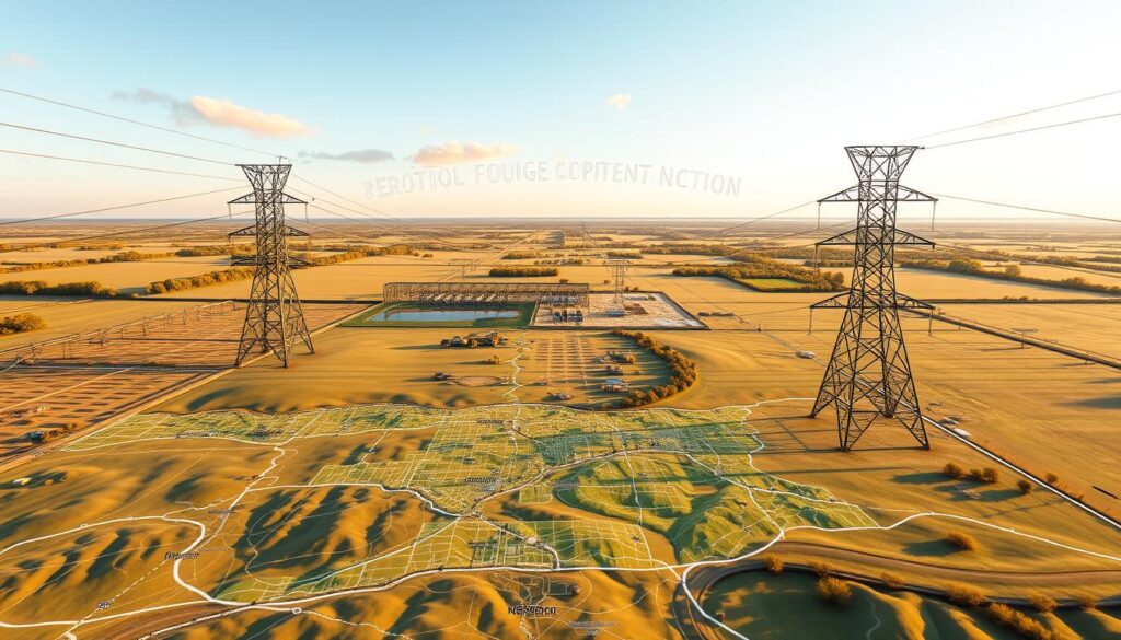 A detailed geoportal interface showcasing the electrical grid and power infrastructure of a rural landscape. The foreground displays a comprehensive map with clear delineations of power lines, substations, and grid connectivity. The middle ground features a 3D terrain model with topographical details, highlighting the landscape's geographic features. In the background, a softly illuminated sky with subtle cloud formations sets a serene, informative atmosphere. The overall composition conveys a sense of technical precision and accessibility, inviting the viewer to explore the accessible energy network in the given area. A detailed geoportal interface showcasing the electrical grid and power infrastructure of a rural landscape. The foreground displays a comprehensive map with clear delineations of power lines, substations, and grid connectivity. The middle ground features a 3D terrain model with topographical details, highlighting the landscape's geographic features. In the background, a softly illuminated sky with subtle cloud formations sets a serene, informative atmosphere. The overall composition conveys a sense of technical precision and accessibility, inviting the viewer to explore the accessible energy network in the given area.