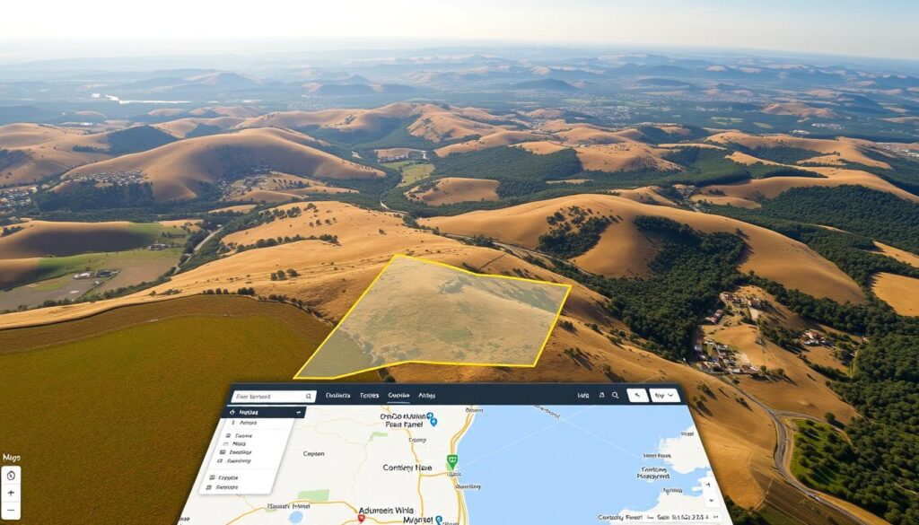 A detailed high-resolution aerial view of the Geoportal Na Mapie web interface, showcasing its intuitive map navigation tools and features. The foreground displays the main map window with a well-defined property boundary highlighted, allowing for precise measurement of the land parcel. The middle ground features informative overlays and contextual data such as terrain, roads, and satellite imagery. The background depicts a scenic landscape with rolling hills, forests, and a glimpse of the horizon, setting the scene for the geospatial analysis task. Bright, natural lighting illuminates the scene, creating a sense of clarity and ease of use. The overall composition conveys the utility and accessibility of the Geoportal Na Mapie platform for accurately determining property dimensions.