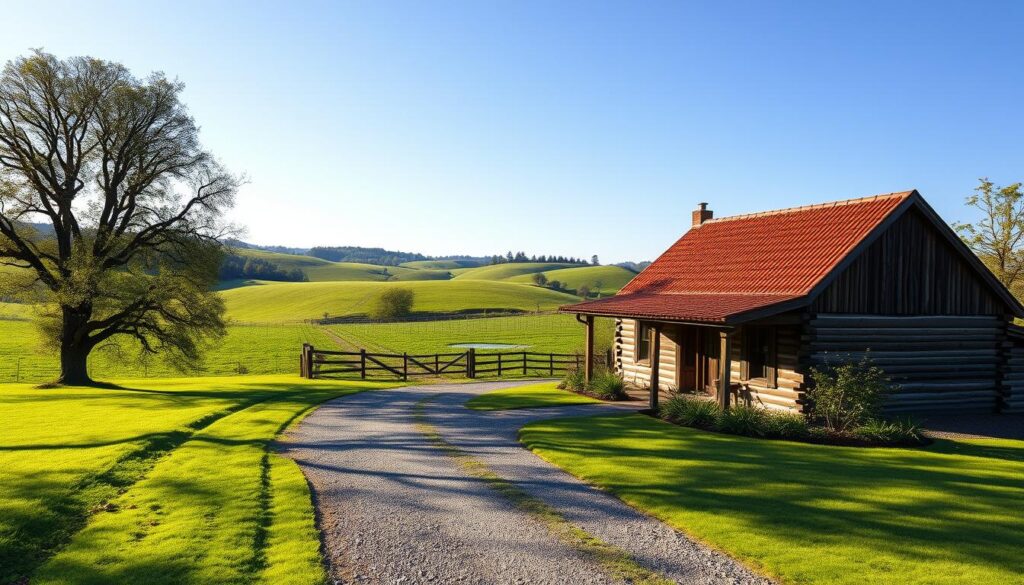 A detailed, high-resolution image of a rural farmland property, with a well-maintained, rustic wooden farmhouse in the foreground, surrounded by lush green fields, rolling hills, and a clear blue sky. The farmhouse has a traditional red-tiled roof and is flanked by a few old oak trees, casting gentle shadows on the well-tended garden. In the middle ground, a gravel driveway leads up to the property, with a wooden fence and a small, picturesque pond visible in the distance. The overall scene conveys a sense of tranquility, prosperity, and the peaceful nature of agricultural land ownership, reflecting the topic of tax implications for selling rural properties.