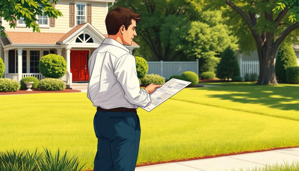 A detailed illustration of two individuals standing in front of a property, engaged in a discussion about the costs associated with re-establishing the boundaries of a land parcel. The scene is set outdoors, with a well-manicured lawn and lush greenery in the background, hinting at a prosperous, residential setting. The two figures, likely a homeowner and a surveyor or lawyer, are shown in a contemplative pose, gesturing towards a set of documents or maps, conveying the complexities and negotiations involved in the land boundary re-establishment process. The lighting is warm and natural, casting soft shadows and highlighting the seriousness of the situation. The overall mood is one of thoughtful consideration and a sense of resolution being sought. A detailed illustration of two individuals standing in front of a property, engaged in a discussion about the costs associated with re-establishing the boundaries of a land parcel. The scene is set outdoors, with a well-manicured lawn and lush greenery in the background, hinting at a prosperous, residential setting. The two figures, likely a homeowner and a surveyor or lawyer, are shown in a contemplative pose, gesturing towards a set of documents or maps, conveying the complexities and negotiations involved in the land boundary re-establishment process. The lighting is warm and natural, casting soft shadows and highlighting the seriousness of the situation. The overall mood is one of thoughtful consideration and a sense of resolution being sought.