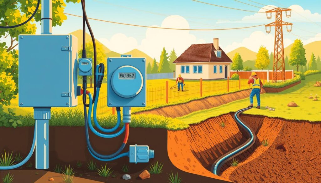 A detailed illustration showcasing the various elements that contribute to the total cost of electricity installation in a plot of land. The foreground depicts a power distribution box, electrical wires, and a utility meter, highlighting the key components involved. The middle ground shows excavation work, with workers laying underground cables to connect the property to the main grid. In the background, a house, fencing, and landscaping elements suggest the broader context of the plot. The scene is illuminated by warm, natural lighting, conveying a sense of practical functionality. The overall composition emphasizes the technical and infrastructural aspects of the electricity installation process, providing a comprehensive visual representation of the "additional costs and elements affecting the total electricity expenditure in a plot." A detailed illustration showcasing the various elements that contribute to the total cost of electricity installation in a plot of land. The foreground depicts a power distribution box, electrical wires, and a utility meter, highlighting the key components involved. The middle ground shows excavation work, with workers laying underground cables to connect the property to the main grid. In the background, a house, fencing, and landscaping elements suggest the broader context of the plot. The scene is illuminated by warm, natural lighting, conveying a sense of practical functionality. The overall composition emphasizes the technical and infrastructural aspects of the electricity installation process, providing a comprehensive visual representation of the "additional costs and elements affecting the total electricity expenditure in a plot."