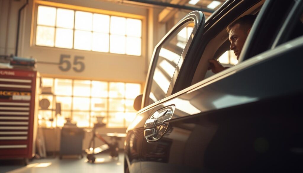 A detailed interior view of a car repair workshop, showcasing an open car door with a dent or damage being inspected by a mechanic. The scene is illuminated by warm, natural lighting filtering through large workshop windows, casting soft shadows and highlights on the car's surface. The mechanic is carefully examining the damage, with various repair tools and equipment visible in the background, conveying a sense of professional expertise and care. The overall atmosphere is one of a well-equipped, organized workspace dedicated to providing high-quality car repair services.