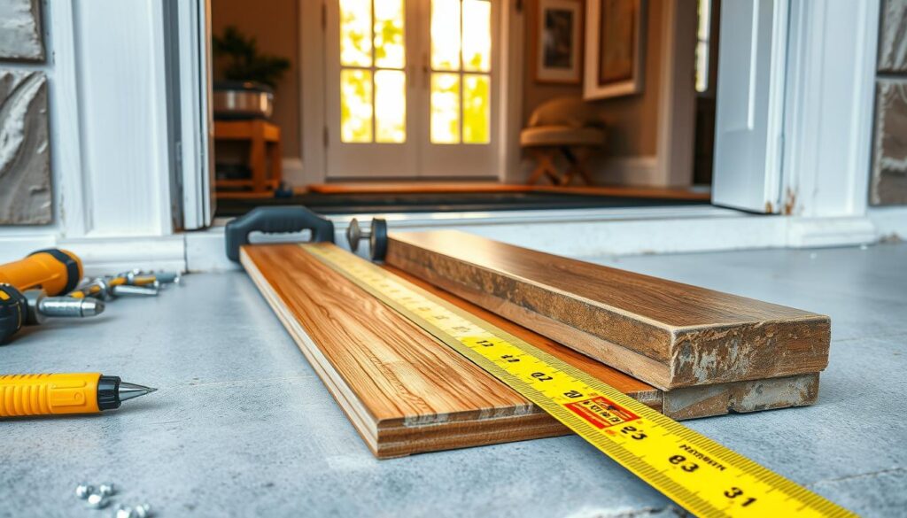 A detailed, step-by-step installation of a front door threshold, captured in a realistic, photorealistic style. The foreground shows the threshold being carefully measured and positioned, with tools and materials neatly arranged. The middle ground depicts the threshold being securely fastened, with screws and sealant visible. The background showcases the interior of the entryway, with natural lighting streaming in through the doorway. The overall scene conveys a sense of precision, care, and attention to detail in the installation process. The image is free of any text or distractions, allowing the focus to remain on the threshold installation itself. A detailed, step-by-step installation of a front door threshold, captured in a realistic, photorealistic style. The foreground shows the threshold being carefully measured and positioned, with tools and materials neatly arranged. The middle ground depicts the threshold being securely fastened, with screws and sealant visible. The background showcases the interior of the entryway, with natural lighting streaming in through the doorway. The overall scene conveys a sense of precision, care, and attention to detail in the installation process. The image is free of any text or distractions, allowing the focus to remain on the threshold installation itself.