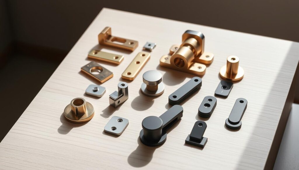 A detailed still life showcasing an assortment of different door lock inserts, positioned on a clean, minimalist wooden surface. The inserts are arranged in an organized manner, with varying shapes, sizes, and finishes - including brass, chrome, and matte black. Soft, diffused lighting creates subtle shadows, emphasizing the textures and materials. The composition is balanced, with each insert highlighted individually. The overall atmosphere is one of understated sophistication, suitable for an article on choosing the right door lock insert.
