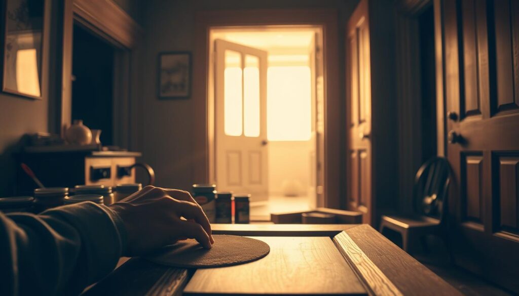 A dimly lit, cozy interior scene showcasing the process of refurbishing interior doors. In the foreground, a pair of hands carefully sanding down the wooden door surface, revealing the natural grain. The middle ground features an assortment of wood stains, paints, and brushes, hinting at the customization options. In the background, a partially renovated door stands open, allowing a glimpse of the transformed space beyond. Soft, warm lighting casts a golden glow, creating an inviting atmosphere. The overall scene conveys the satisfaction and attention to detail involved in revitalizing the interior doors.