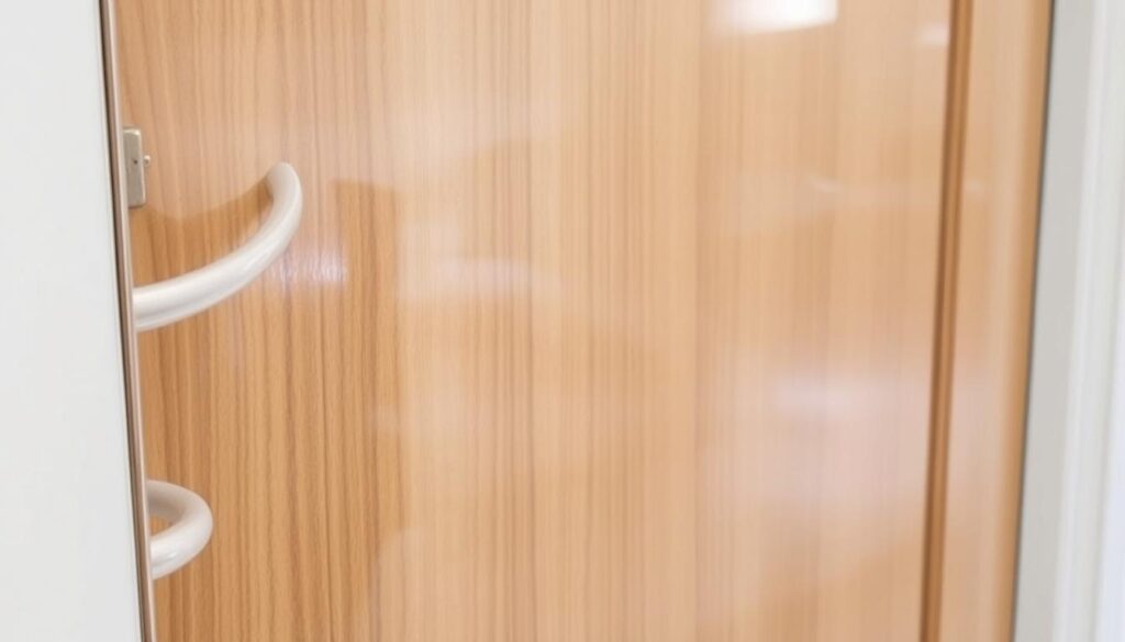 A door covered in a transparent protective film, glistening under soft, diffused lighting. The surface has a smooth, glossy finish, protecting the underlying wood from scratches and scuffs. The film blends seamlessly with the door's natural grain, creating a sleek, unobtrusive appearance. The edges are neatly trimmed, creating a clean, professional look. The film's transparency allows the beauty of the door to shine through, while providing a durable barrier against unwanted marks and damage. This practical, yet visually appealing solution is perfect for keeping doors in pristine condition. A door covered in a transparent protective film, glistening under soft, diffused lighting. The surface has a smooth, glossy finish, protecting the underlying wood from scratches and scuffs. The film blends seamlessly with the door's natural grain, creating a sleek, unobtrusive appearance. The edges are neatly trimmed, creating a clean, professional look. The film's transparency allows the beauty of the door to shine through, while providing a durable barrier against unwanted marks and damage. This practical, yet visually appealing solution is perfect for keeping doors in pristine condition.
