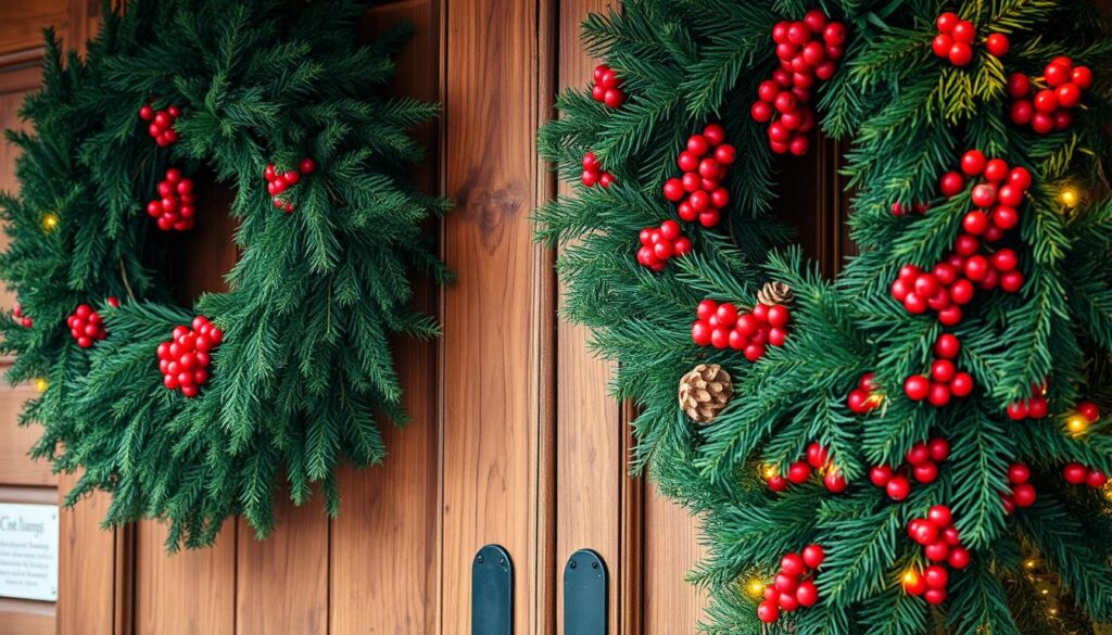 A festive display of lush, verdant wreaths and elegant holiday garlands adorns a rustic wooden door. The intricate designs feature a harmonious blend of evergreen branches, pine cones, and vibrant red berries, creating a warm and inviting entrance. Soft, golden lighting illuminates the scene, casting a cozy, ambient glow and accentuating the natural textures. The arrangement is captured at a slight angle, showcasing the depth and layering of the decorative elements. The overall composition evokes a sense of seasonal cheer and the welcoming spirit of the holiday season.