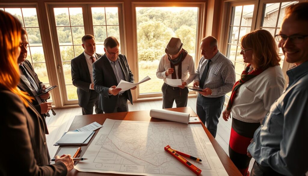 A formal outdoor setting with a group of professionals gathered around a surveying table, examining maps and documents. The scene is bathed in warm, directional lighting, creating dramatic shadows and highlights that accentuate the detailed technical equipment and paperwork. In the foreground, a land surveyor gestures towards a blueprint, surrounded by colleagues taking notes and discussing property boundaries. The middle ground features a topographic map laid out on the table, with markers and measuring tools indicating the process of re-establishing parcel lines. In the background, a lush, verdant landscape can be seen through large windows, suggesting the real-world context of the property under consideration. A formal outdoor setting with a group of professionals gathered around a surveying table, examining maps and documents. The scene is bathed in warm, directional lighting, creating dramatic shadows and highlights that accentuate the detailed technical equipment and paperwork. In the foreground, a land surveyor gestures towards a blueprint, surrounded by colleagues taking notes and discussing property boundaries. The middle ground features a topographic map laid out on the table, with markers and measuring tools indicating the process of re-establishing parcel lines. In the background, a lush, verdant landscape can be seen through large windows, suggesting the real-world context of the property under consideration.