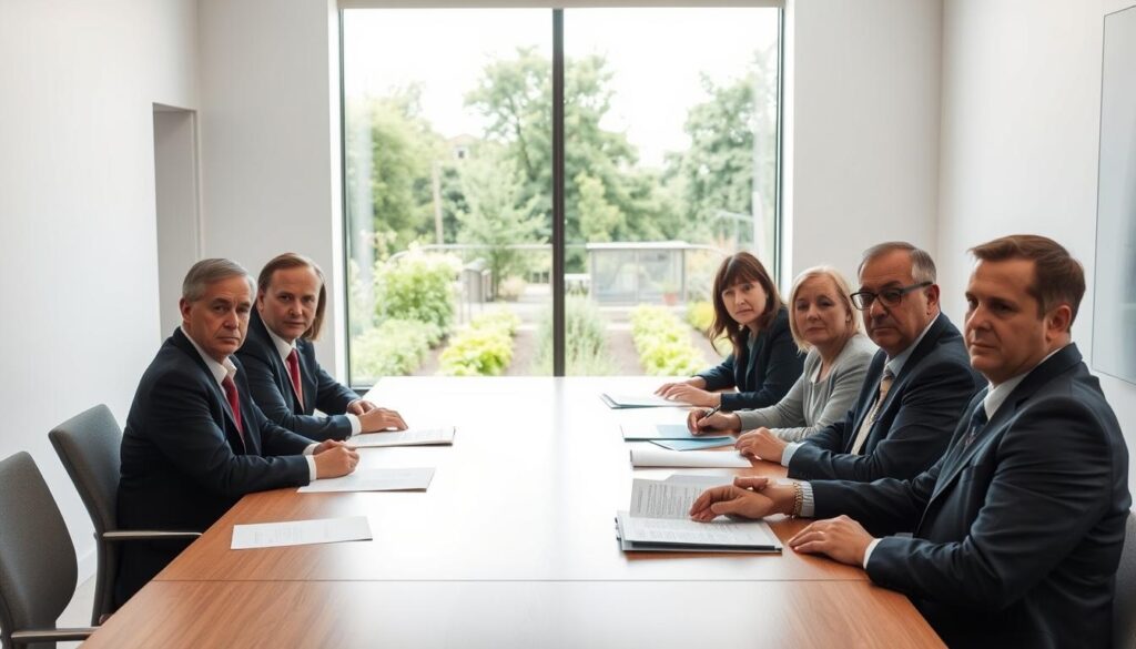 A formal, serious meeting in a modern office setting. In the foreground, a group of serious-looking individuals, likely members of a community garden's (ROD) board of directors, sitting around a large conference table. Neutral, professional expressions on their faces as they review and discuss documents. In the middle ground, a large window overlooking a well-maintained community garden, sunlight streaming in. The background is minimalist, with clean lines and neutral colors, emphasizing the gravity of the decision-making process. Crisp, even lighting creates a sense of authority and importance. The overall mood is one of careful consideration and responsible management of the community resource.