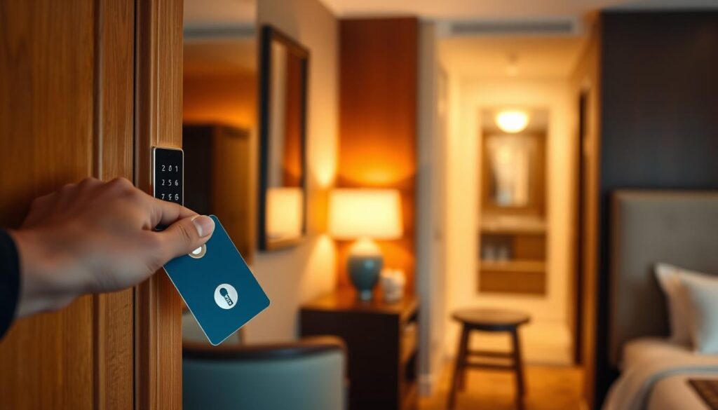 A hotel room interior with a focus on the hotel card reader and door lock mechanism. The foreground should feature a hand inserting a hotel key card into the door lock, with the door frame and entry area in clear view. The middle ground should showcase the hotel room environment, including furniture, decor, and lighting that conveys a sense of safety and security. The background should provide a subtle, blurred view of the hallway outside, suggesting the hotel's secure perimeter. The lighting should be warm and inviting, with soft shadows and highlights that accentuate the details of the door lock system and card reader. The overall mood should be one of confidence and reassurance, conveying the importance of hotel security for guests.