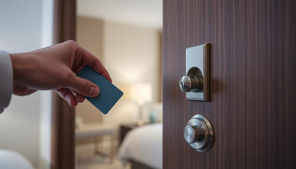 A hotel room with a card-operated door lock system. In the foreground, a guest's hand struggles to insert the key card into the slot, the card slipping or failing to register. In the middle ground, the door frame is visible, with the lock mechanism prominently displayed. The background shows the room interior, with subtle lighting and a sense of frustration or confusion. The scene conveys the common issues guests face when attempting to secure their room, such as card malfunctions, lock difficulties, and the need for a clear, user-friendly solution.