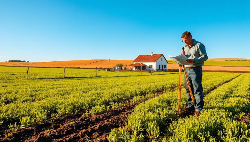 A lush green field stretches out, dotted with rows of crops and fenced boundaries. In the foreground, a farmer inspects the soil, examining its texture and moisture content. In the middle ground, a surveyor studies a detailed land map, meticulously measuring and marking the precise dimensions of the property. In the distance, a weathered farmhouse stands, its red-tiled roof and whitewashed walls casting warm shadows across the scene. The sky above is a serene, cloudless blue, illuminating the landscape with a soft, golden light. This image captures the essential elements of purchasing agricultural land - the careful consideration of soil quality, legal boundaries, and the overall character of the property.