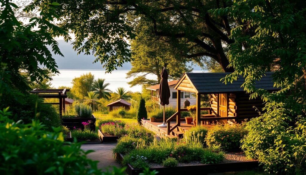 A lush, private recreational plot nestled amidst verdant foliage. In the foreground, a quaint wooden cabin with a cozy porch beckons, its rustic charm complementing the natural surroundings. The middle ground features a well-tended garden, brimming with vibrant flowers and lush greenery. In the background, a serene lake reflects the tranquil sky, its calm waters offering a peaceful respite. The lighting is soft and warm, casting a golden glow over the scene, evoking a sense of tranquility and escape. The overall composition conveys the seclusion and serenity of a private recreational plot, distinct from the more regulated environment of an allotment garden.