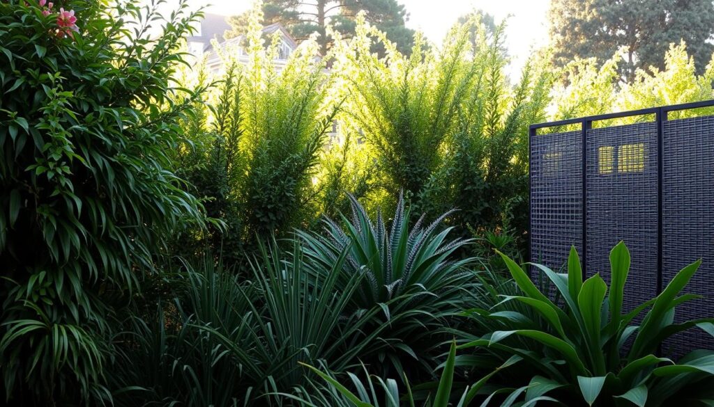 A lush, verdant garden setting with an array of artificial privacy screens in the foreground. Tall, flowing shrubbery and plants in the middle ground, creating a natural, textured backdrop. Diffused, warm lighting filters through the foliage, casting a golden glow over the scene. The privacy screens are composed of intricate woven patterns, offering a stylish and functional barrier against the neighboring property. The overall atmosphere is one of tranquility and seclusion, perfectly suited for a private outdoor oasis.