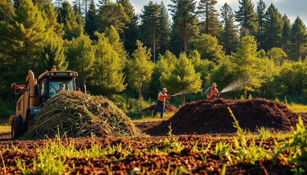 A lush, verdant landscape showcases two distinct methods of land clearing - mulczowanie and wycinka. In the foreground, a mulching machine methodically shreds vegetation, leaving behind a thick organic layer to nourish the soil. In the middle ground, a team of skilled workers wields chainsaws, felling large trees with precision, exposing the raw earth beneath. The background depicts a balanced ecosystem, with towering conifers and a vibrant understory, hinting at the long-term impact of each approach. Warm, diffused lighting casts a serene glow, inviting the viewer to consider the environmental and economic tradeoffs between these two land management techniques.