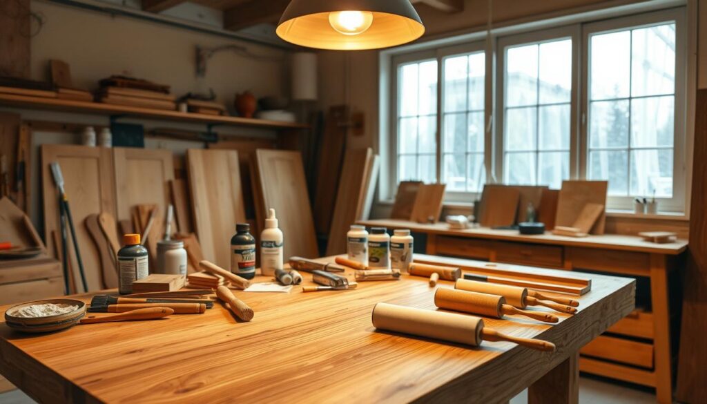 A meticulously crafted wooden workbench, illuminated by warm overhead lighting, serves as the centerpiece. On the surface, various tools and materials are neatly arranged, including brushes, rollers, and a variety of wood stains and clear coatings. In the background, a large window allows natural light to filter in, casting a soft, diffused glow. The scene exudes a sense of precision, craftsmanship, and the satisfying process of refinishing wooden doors, reflecting the "Techniki nakładania powłok i suszenia" section of the article.
