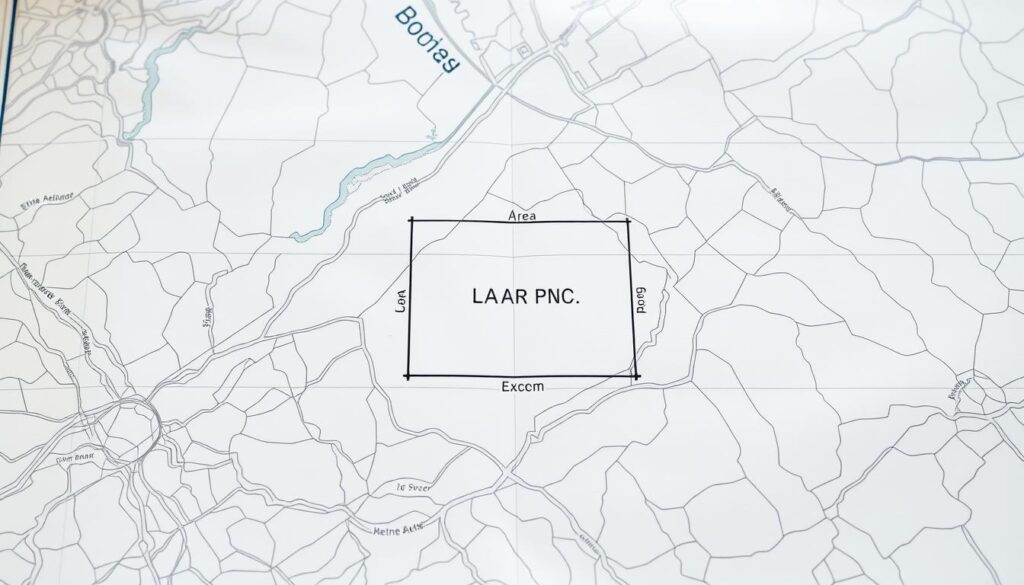 A meticulously drafted topographical map, featuring a detailed land plot displayed in the center. The plot is outlined with precise dimensions, showcasing its area, shape, and exact measurements. The map exhibits a clean, neutral color palette, with shades of gray, blue, and green, creating a technical, informative atmosphere. Crisp lines delineate the plot's boundaries, complemented by a grid system that provides spatial context. The overall composition conveys a sense of clarity and organization, highlighting the key details necessary to understand the dimensions and shape of the land parcel.