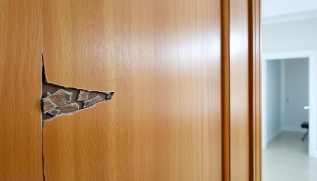 A meticulously repaired wooden door panel, the damaged veneer carefully replaced and blended seamlessly with the surrounding surface. Soft, indirect lighting accentuates the newly applied finish, a harmonious match to the original texture and color. In the foreground, delicate brushstrokes and subtle gradients showcase the skilled craftsmanship, while the middle ground reveals the expertly joined edges, creating an illusion of seamless restoration. The background hints at the broader context, a clean, well-lit interior space that complements the repaired door panel, conveying a sense of order and attention to detail.