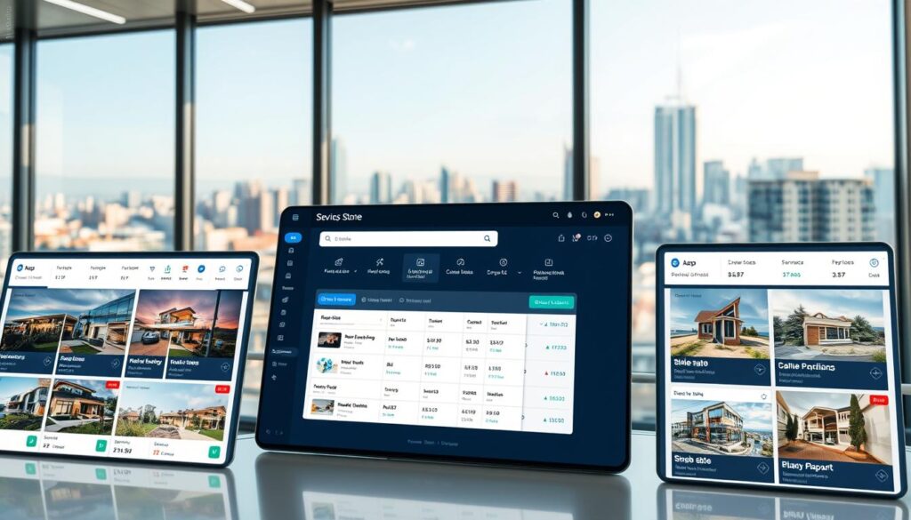 A modern and professional-looking real estate classifieds platform, with a clean and intuitive user interface. The foreground features various property listings, with detailed information and high-quality images. The middle ground showcases a sophisticated search and filtering system, allowing users to easily navigate the available properties. The background depicts a cityscape, hinting at the diverse real estate options across different locations. The overall atmosphere conveys a sense of efficiency, accessibility, and trustworthiness, catering to both property buyers and sellers. The lighting is soft and natural, creating a welcoming and inviting ambiance. A modern and professional-looking real estate classifieds platform, with a clean and intuitive user interface. The foreground features various property listings, with detailed information and high-quality images. The middle ground showcases a sophisticated search and filtering system, allowing users to easily navigate the available properties. The background depicts a cityscape, hinting at the diverse real estate options across different locations. The overall atmosphere conveys a sense of efficiency, accessibility, and trustworthiness, catering to both property buyers and sellers. The lighting is soft and natural, creating a welcoming and inviting ambiance.