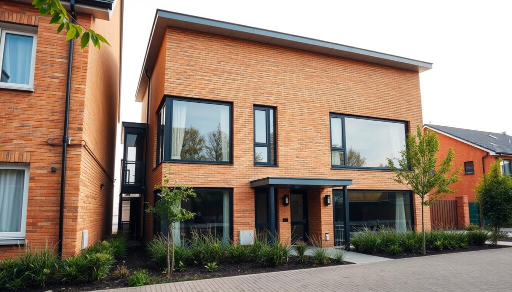 A modern two-story building with a sleek, minimalist design, its facade clad in warm-toned bricks. The structure seamlessly attaches to the adjacent property, forming a cohesive architectural ensemble. Expansive windows flood the interior with natural light, while a well-manicured landscaped area frames the building's entrance. The scene is bathed in soft, diffused lighting, creating a serene and inviting atmosphere. The camera angle showcases the building's clean lines and harmonious integration with the surrounding environment, highlighting the functionality and aesthetic appeal of this type of attached construction.