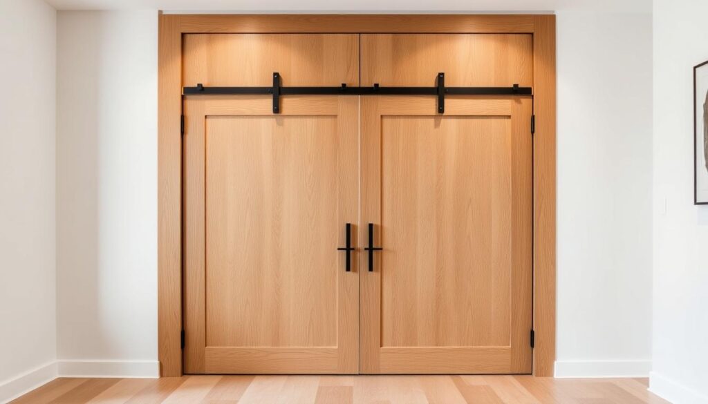 A modern, well-lit interior with a set of custom-built, minimalist wooden doors in the center of the frame. The doors feature a clean, minimalist design with sleek hardware and a natural wood grain texture. The background is a simple, neutral-toned room, allowing the doors to be the focal point. Soft, diffused lighting creates a warm, inviting atmosphere, highlighting the craftsmanship and attention to detail in the door design. The camera angle is slightly elevated, giving a sense of scale and emphasizing the doors' precise fit and seamless integration into the space.