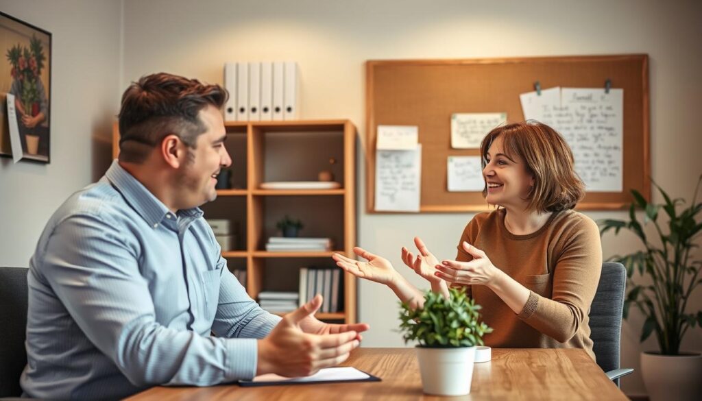 A modern, well-lit office setting with a wooden desk, a computer monitor, and a potted plant. In the foreground, two people - a man and a woman - are engaged in a friendly discussion, gesturing animatedly. Behind them, a bookshelf filled with documents and a notice board with handwritten notes create a sense of professionalism. The lighting is soft and natural, with a warm color palette that conveys a welcoming atmosphere. The composition emphasizes the interaction between the two individuals, capturing the essence of a consultation or meeting with the allotment garden management.