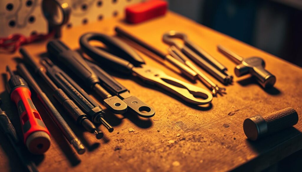 A neatly organized collection of tools on a workshop table, including a screwdriver set, pliers, wire cutters, and a small hammer. The tools are illuminated by warm, diffused lighting, casting soft shadows and highlights that emphasize their textures and forms. The background is slightly blurred, allowing the tools to be the focal point, conveying a sense of focus and attention to detail. The overall composition and lighting create a professional, instructional atmosphere, suitable for illustrating a step-by-step guide on how to remove a door lock.