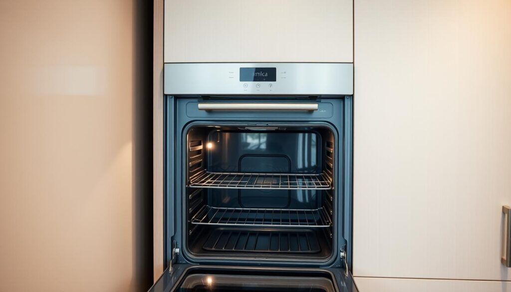 A neatly organized kitchen interior with a modern Amica oven built into the cabinetry. The oven's door is open, revealing the oven cavity and shelves. The door hinges and mechanisms are clearly visible, inviting the viewer to examine the installation process. Soft, diffused lighting illuminates the scene, creating a warm, welcoming atmosphere. The camera angle is slightly elevated, providing a clear view of the oven door and its components. The composition is balanced, with the oven door as the focal point, surrounded by the clean, minimalist kitchen design.