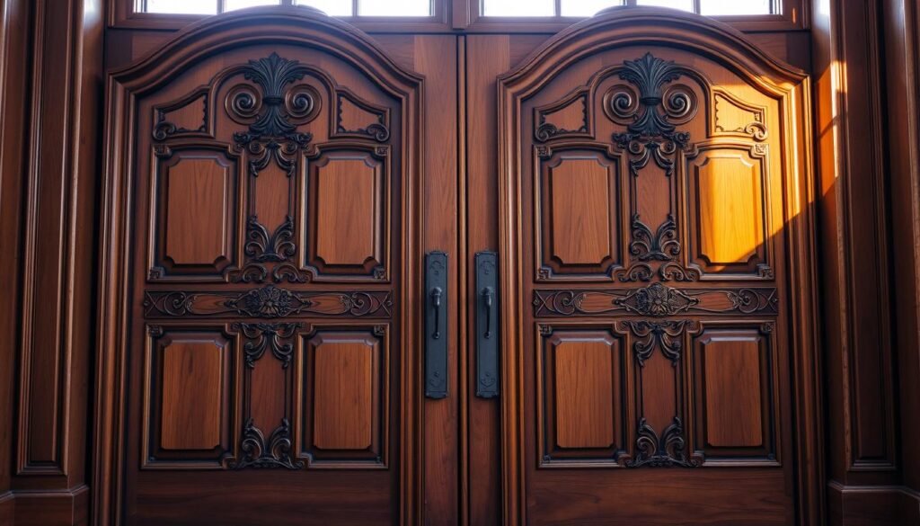 A pair of sturdy, well-crafted wooden doors stand tall, their surface adorned with intricate, elegant carvings that catch the soft, warm glow of the natural lighting filtering through the nearby windows. The doors' robust construction exudes a sense of durability and reliability, while their refined design conveys a touch of sophistication. The scene is captured from a slightly elevated angle, allowing the viewer to appreciate the craftsmanship and attention to detail that has gone into their creation. The overall atmosphere is one of quality, dependability, and a harmonious blend of form and function. A pair of sturdy, well-crafted wooden doors stand tall, their surface adorned with intricate, elegant carvings that catch the soft, warm glow of the natural lighting filtering through the nearby windows. The doors' robust construction exudes a sense of durability and reliability, while their refined design conveys a touch of sophistication. The scene is captured from a slightly elevated angle, allowing the viewer to appreciate the craftsmanship and attention to detail that has gone into their creation. The overall atmosphere is one of quality, dependability, and a harmonious blend of form and function.