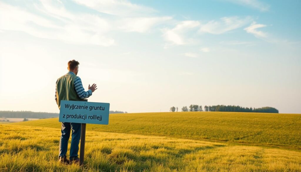 A pastoral landscape with a grassy field gently sloping towards a distant tree line. In the foreground, a farmer stands contemplating the field, his hand resting on a signpost indicating "Wyłączenie gruntu z produkcji rolnej." The sky is a soft, hazy blue, with wispy clouds drifting overhead. The scene is bathed in warm, golden afternoon light, casting long shadows across the scene. The overall atmosphere is one of quiet contemplation, as the farmer ponders the process of transitioning this agricultural land to a new purpose.