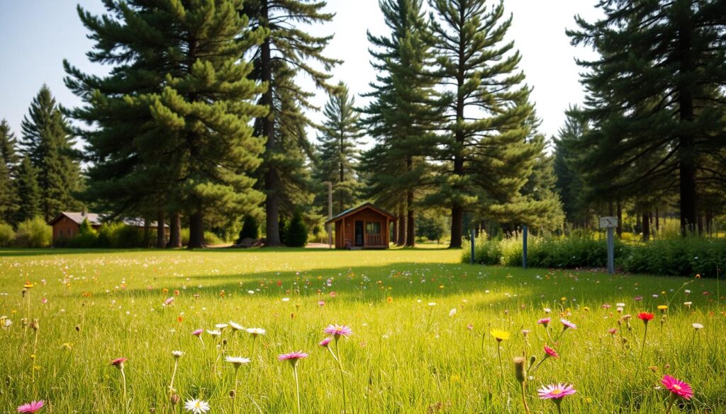 A peaceful, picturesque scene of a recreational plot of land. In the foreground, a lush green lawn dotted with vibrant wildflowers, inviting visitors to relax and enjoy the serene atmosphere. In the middle ground, a small wooden cabin or chalet, its rustic charm blending seamlessly with the natural surroundings. Towering pine trees form a tranquil backdrop, their verdant canopies casting gentle shadows across the scene. The lighting is soft and warm, evoking a sense of coziness and comfort. The camera angle is slightly elevated, capturing the overall layout and size of the recreational plot, highlighting its potential for leisure activities and relaxation.