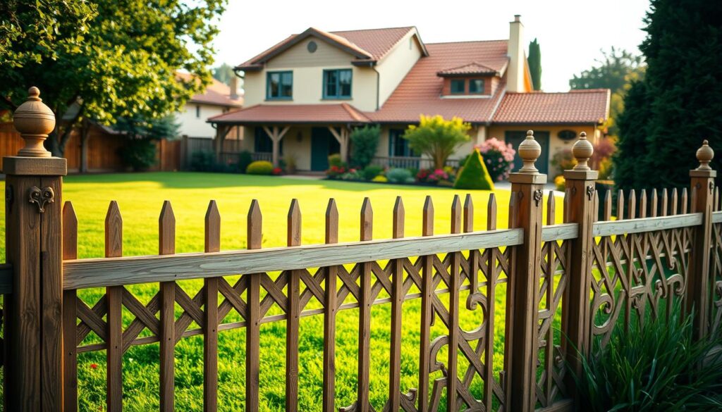 A picturesque residential property with a well-designed fence enclosing the perimeter. The foreground features a sturdy wooden fence with intricate lattice patterns, complemented by decorative finials at the top. The middle ground showcases a lush, well-manicured lawn, dotted with vibrant flowers and shrubs. In the background, a charming two-story house with a tiled roof and warm, inviting colors sets the scene. The lighting is soft and natural, casting a serene ambiance over the entire composition. The camera angle is slightly elevated, providing a panoramic view of the property and emphasizing the harmonious integration of the fence with the surrounding landscape.