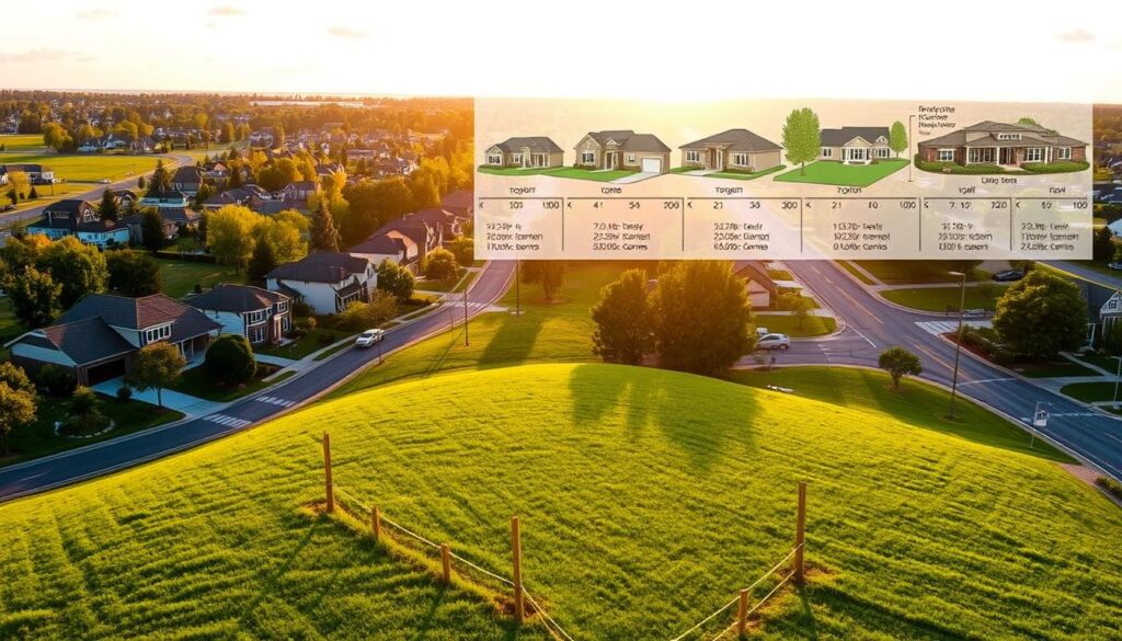 A picturesque suburban neighborhood with well-manicured lawns and tree-lined streets. In the foreground, a serene residential plot of land, its boundaries marked by wooden stakes. The mid-ground features a detailed topographic map, overlaid with information about the plot's size, zoning, and proximity to amenities. In the background, a series of architectural renderings showcase various home designs, illustrating how the plot's location and orientation could impact the value and potential of future construction. The scene is bathed in warm, golden sunlight, creating a sense of tranquility and inviting the viewer to envision the possibilities of this prime real estate.