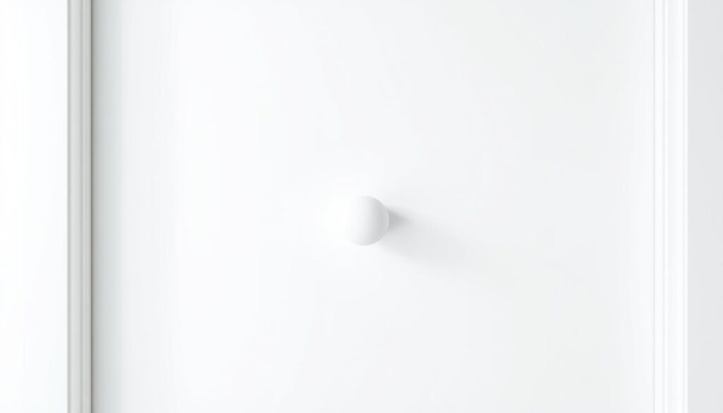 A pristine, minimalist white door with a sleek, modern white door handle in the center. The handle is a simple, cylindrical design with a smooth, matte finish that blends seamlessly into the surrounding white surface. The lighting is soft and diffused, creating a clean, contemporary atmosphere. The door is set against a bright, airy background, emphasizing the purity and simplicity of the design. The overall composition exudes a sense of elegance, sophistication, and a touch of Scandinavian-inspired minimalism.