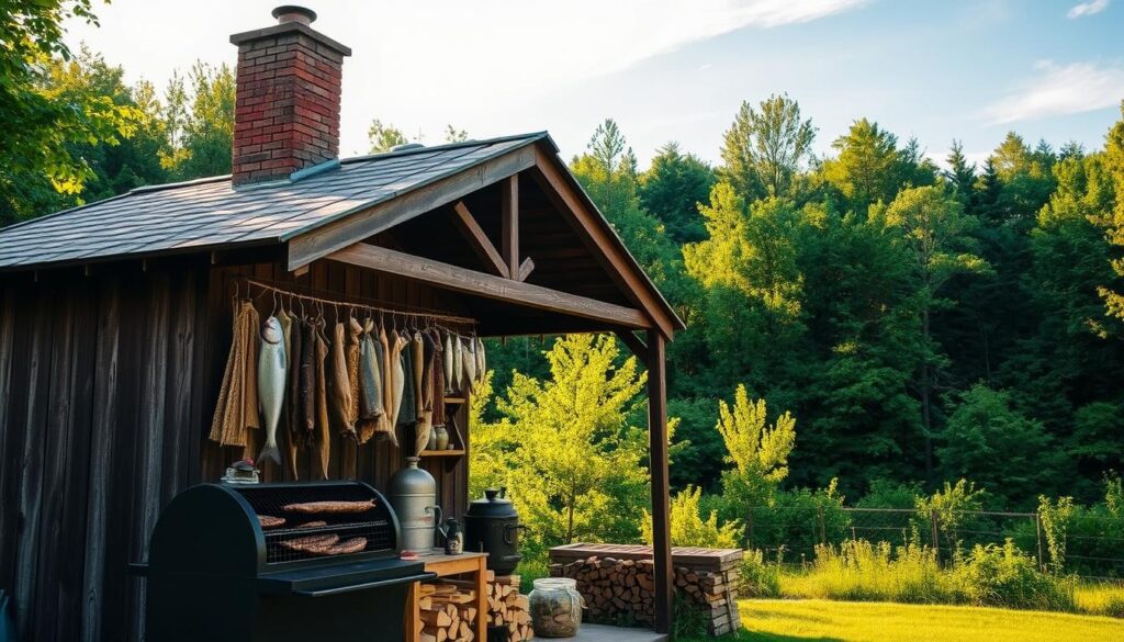 A rustic outdoor smokehouse nestled in a lush, verdant backyard. The structure features weathered wood paneling, a peaked roof, and a prominent chimney stack. The foreground showcases a grill or smoker setup, with various cuts of meat or fish hanging from the rafters. The middle ground features neatly stacked firewood and an assortment of traditional smoking equipment. In the background, a lush green forest creates a serene, natural backdrop, with a clear blue sky overhead, illuminated by warm, golden sunlight filtering through the trees. The overall scene conveys a sense of traditional craftsmanship, outdoor living, and the art of smoking and preserving food.