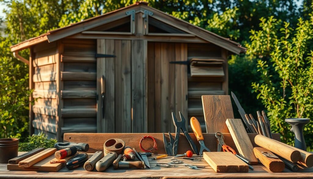 A rustic, weathered wooden shed against a backdrop of lush greenery. In the foreground, an array of handy tools and materials neatly arranged, suggesting practical advice for DIY projects. Warm, natural lighting casts gentle shadows, creating a sense of depth and texture. The composition emphasizes the interplay between the organic elements and the crafted, utilitarian items, conveying the notion of "practical tips" for a DIY project like building a shed door. The overall atmosphere is one of calm, focus, and a touch of rustic charm.