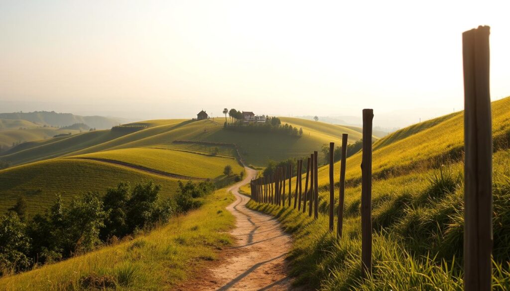 A serene landscape of rolling hills, dotted with lush greenery and a winding dirt path. In the foreground, a row of tall wooden stakes or fences, symbolizing the legal restrictions on land sales. The middle ground features a small, quaint village with traditional architecture, hinting at the local community affected by these regulations. The background showcases a hazy, distant horizon, conveying a sense of tranquility and the broader context of the real estate market. The scene is bathed in warm, golden sunlight, creating a contemplative and thought-provoking atmosphere. A wide-angle lens captures the depth and balance of this complex regulatory landscape.