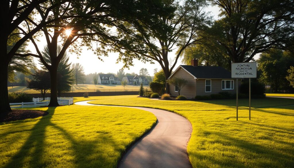 A serene suburban landscape, with a modest single-story house nestled amidst lush greenery. In the foreground, a neatly manicured lawn gives way to a winding path leading towards a sign denoting the property's zoning change from recreational to residential. Warm, diffused sunlight filters through a canopy of trees, casting gentle shadows across the scene. The middle ground reveals a detailed architectural plan, meticulously laid out, hinting at the impending construction project. In the background, a cluster of new homes stands as a testament to the evolving nature of the neighborhood. The overall atmosphere conveys a sense of transition, where the old gives way to the new, captured through a soft, dreamlike lens.
