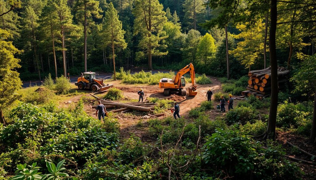 A serene, sun-dappled woodland clearing, with a team of hardworking laborers engaged in the process of land clearing. Thick, overgrown vegetation and fallen trees are being methodically removed, using a variety of specialized tools and equipment. In the foreground, a team of workers wield chainsaws, axes, and brush cutters, clearing the undergrowth. In the middle ground, a large excavator is uprooting and stacking felled trees, while a team of workers haul away the debris. In the background, the lush, verdant forest provides a natural backdrop, hinting at the expansive scope of the land clearing operation. The scene is bathed in warm, golden light, lending a sense of diligence and accomplishment to the hard-working crew.