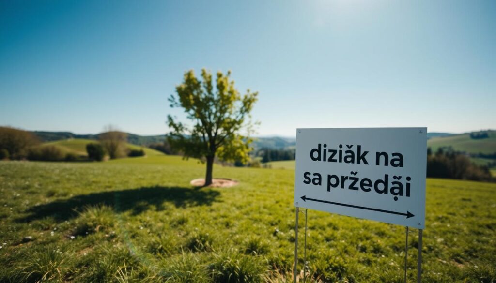 A serene, sun-drenched landscape with a "działka na sprzedaż" sign prominently displayed in the foreground. The signage is clean, modern, and easily legible, capturing the attention of potential buyers. The middle ground features a neatly manicured plot of land, with lush greenery and a few mature trees providing a sense of tranquility. In the background, rolling hills and a clear blue sky create a picturesque, idyllic scene, inviting viewers to imagine the possibilities of this available property. The overall composition is balanced, with a warm, inviting tone that captures the essence of an online real estate listing.
