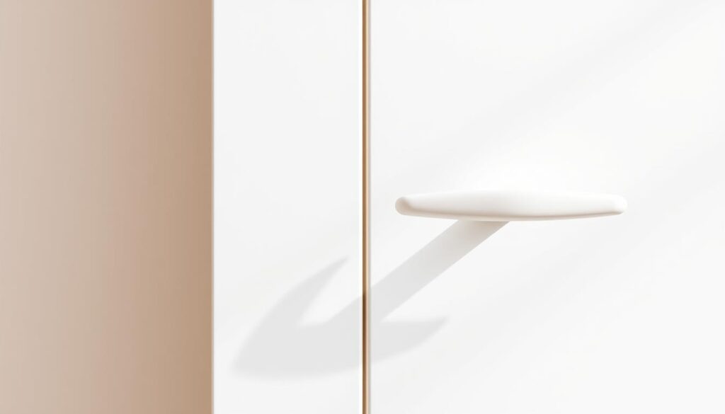 A set of elegant, freestanding door handles in a crisp, pristine white finish, prominently displayed against a soft, neutral background. The handles are designed with a subtle, contemporary curve, offering a comfortable and ergonomic grip. Gentle shadows and highlights accentuate the handles' smooth, high-quality construction, conveying a sense of refined sophistication. The scene is captured with a close-up, frontal perspective, emphasizing the handles' tactile appeal and how they would seamlessly integrate into a minimalist, modern white door design. The overall atmosphere evokes a clean, elegant, and inviting ambiance, perfectly suited to showcase stylish and practical door hardware options for white doors.