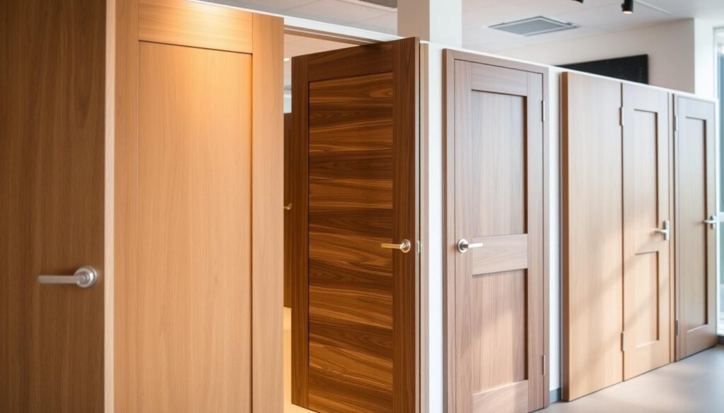 A showroom display of contemporary door designs, illuminated by warm, diffused lighting. In the foreground, a selection of sleek, minimalist wooden doors in various shades of oak and walnut, their grain and texture clearly visible. In the middle ground, a mix of modern and traditional door styles, highlighting the diverse range available. The background features a clean, modern interior setting, allowing the doors to take center stage. The overall atmosphere conveys a sense of sophistication and attention to detail, reflecting the high-quality craftsmanship and design of the doors on display. A showroom display of contemporary door designs, illuminated by warm, diffused lighting. In the foreground, a selection of sleek, minimalist wooden doors in various shades of oak and walnut, their grain and texture clearly visible. In the middle ground, a mix of modern and traditional door styles, highlighting the diverse range available. The background features a clean, modern interior setting, allowing the doors to take center stage. The overall atmosphere conveys a sense of sophistication and attention to detail, reflecting the high-quality craftsmanship and design of the doors on display.