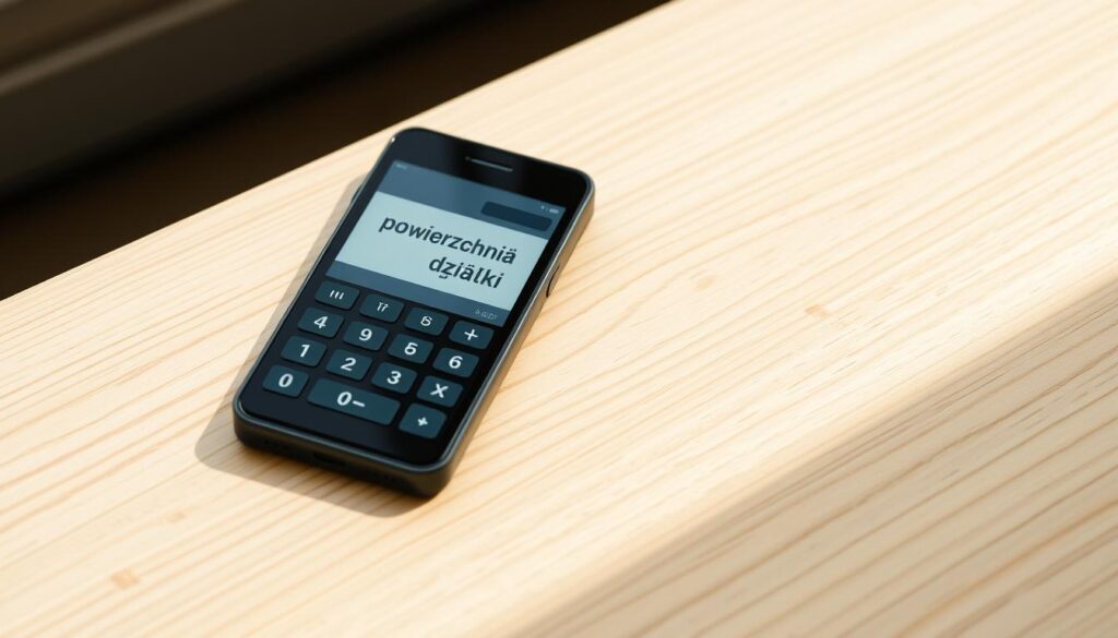 A sleek, modern mobile calculator device resting on a wooden surface, its minimalist design and clean display prominently showcasing the "Powierzchnia działki" (Land Area) calculation. The screen displays the area measurement in clear, readable digits, with an intuitive user interface that conveys the simplicity and convenience of this practical tool. The overall scene is bathed in warm, natural lighting, creating a sense of approachability and utility, perfectly suited for the "Narzędzia mobilne i prosty kalkulator powierzchni działki" section of the article.