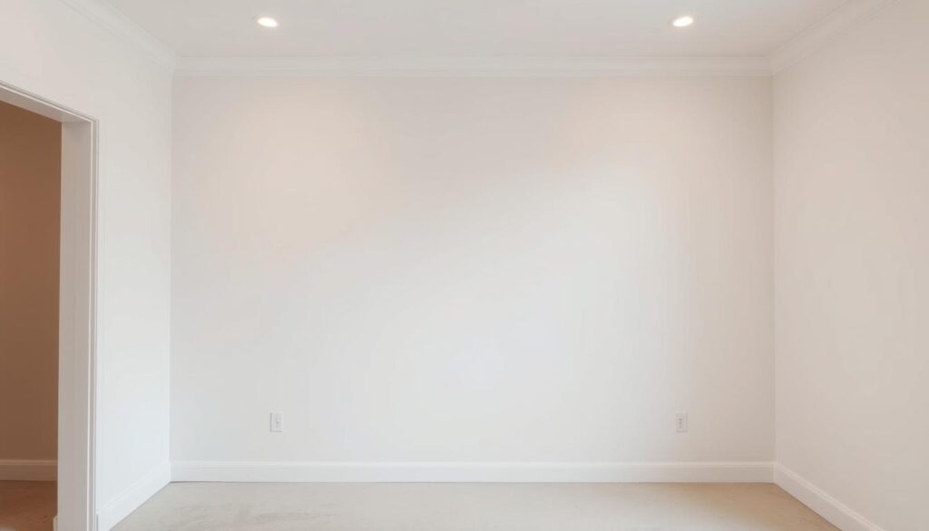 A spacious, well-lit interior wall with a smooth, primed surface, ready for the installation of a new internal door. The wall features clean, square edges and a neutral, light-colored finish, creating a blank canvas for the DIY project. The lighting is bright and even, illuminating the wall from multiple angles to showcase its flat, uniform texture. The camera angle captures the wall at a slight upward tilt, emphasizing its height and the attention to detail in the wall preparation. The overall atmosphere conveys a sense of anticipation and readiness for the next step in the door installation process.