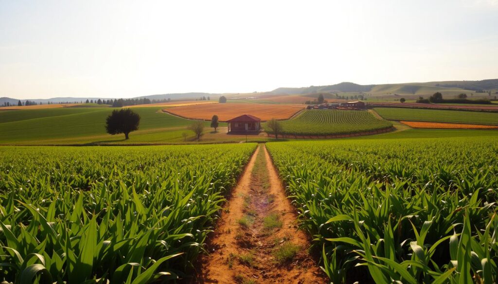 A sprawling agricultural field under a warm, golden afternoon sun. The foreground showcases lush, verdant crops swaying gently in a light breeze. Closer to the center, a dirt path winds through the field, inviting the viewer to explore. In the middle ground, a small farmhouse with a red-tiled roof and quaint outbuildings nestled among rows of mature fruit trees. The background features rolling hills, dotted with patches of vibrant wildflowers, creating a picturesque rural landscape. The scene is captured with a wide-angle lens, emphasizing the vastness and tranquility of the pastoral setting. An idyllic representation of a thriving, well-maintained farmland parcel.