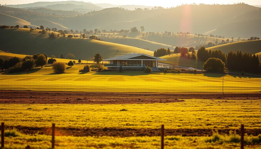 A sprawling, lush suburban landscape, bathed in golden sunlight. In the foreground, a large, well-manicured plot of land, its boundaries clearly delineated by a low, wooden fence. The soil is rich and fertile, ready for development. In the middle ground, a sleek, modern house stands, its clean lines and expansive windows reflecting the surrounding greenery. In the background, rolling hills dotted with clusters of trees stretch out, hinting at the tranquility and privacy this prime real estate offers. The scene exudes a sense of potential, a blank canvas waiting to be transformed into a dream home. Subtle lens flare and a warm, inviting color palette lend an air of aspirational opulence to the image.