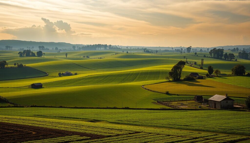 A sprawling pastoral landscape of gently rolling fields, lush with verdant crops and dotted with weathered farmhouses. Sunlight filters through wispy clouds, casting a warm, golden glow over the scene. In the foreground, a patchwork of plowed furrows and neatly tended plots, each representing a parcel of arable land. The middle ground reveals undulating hills, their slopes blanketed with vibrant, verdant vegetation. Distant horizons are framed by towering trees, their branches swaying softly in the breeze. The overall mood is one of tranquility and abundance, reflecting the productive potential of these fertile agricultural lands.