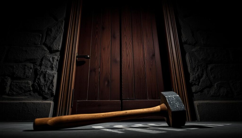 A sturdy wooden door stands firm, its surface weathered with character. In the foreground, a crowbar and mallet lie ready, the tools of the trade for a skilled door breacher. The lighting is dim, casting dramatic shadows that convey the seriousness of the task at hand. The camera angle is low, emphasizing the physicality and determination required to successfully breach the door. The atmosphere is tense, with a sense of purpose and focus permeating the scene. This image captures the essence of the challenge of "Jak wyważyć drzwi" - the careful, deliberate application of force to overcome an obstacle and gain access.